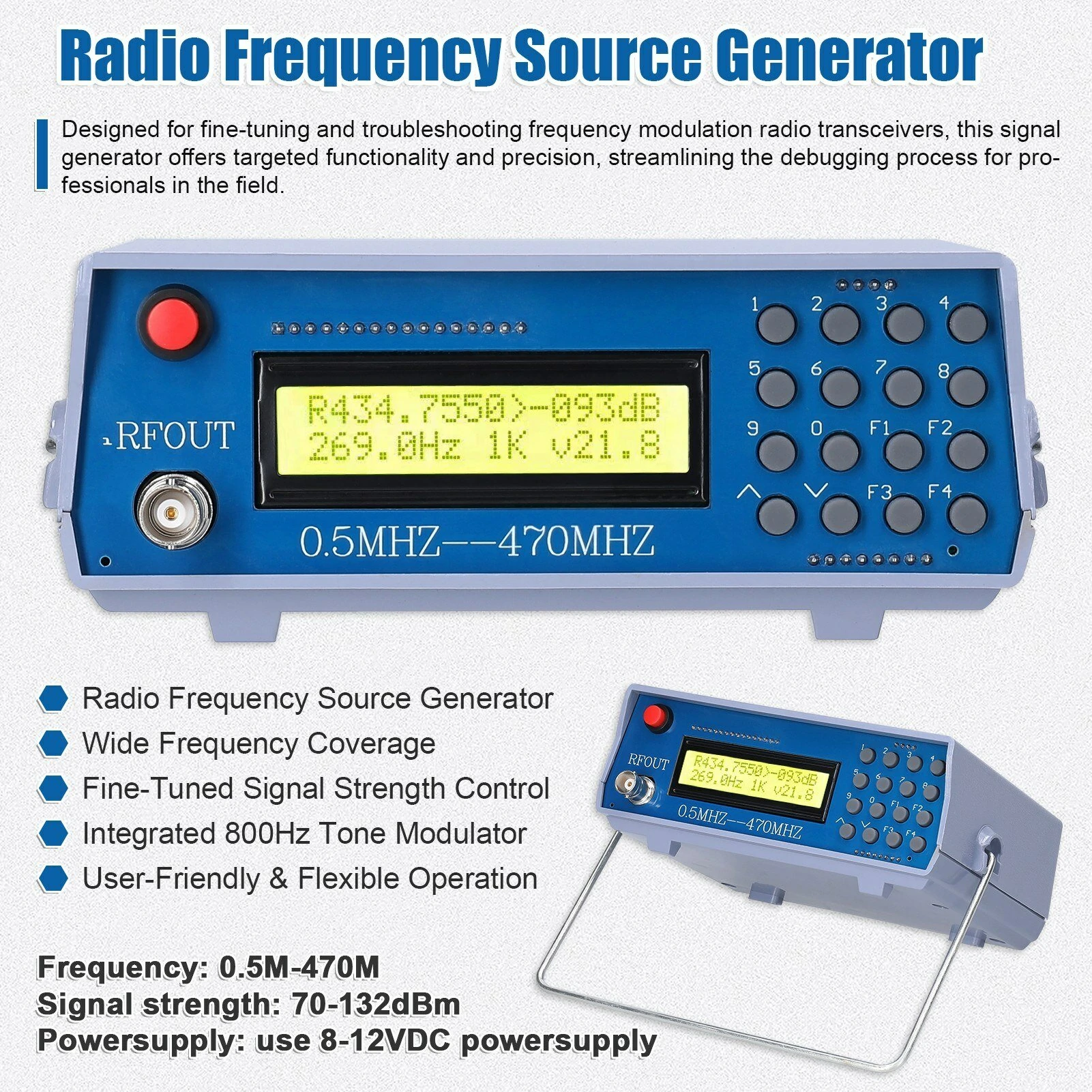 0.5M-470M Radio Frequency Signal Source Generator Practical Debugging Instrument Tester for Frequency Modulation Interphone Built-in 800Hz Tone Modulator — view 7