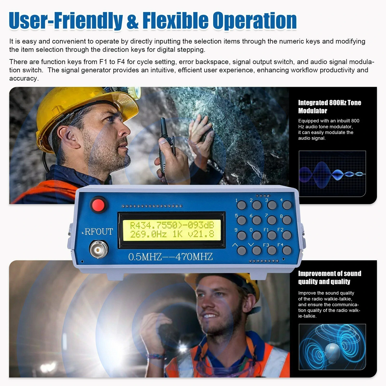 0.5M-470M Radio Frequency Signal Source Generator Practical Debugging Instrument Tester for Frequency Modulation Interphone Built-in 800Hz Tone Modulator — view 8