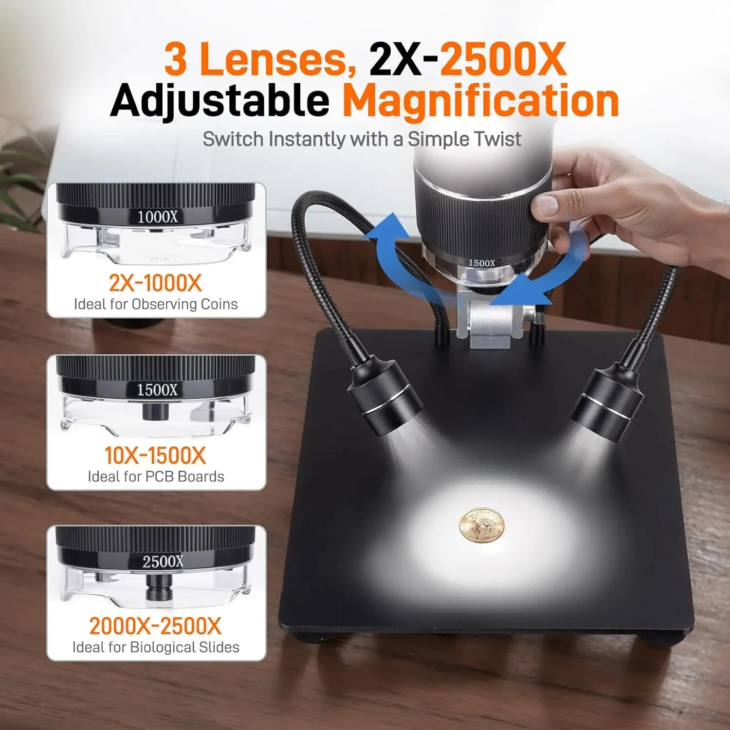 10.1'' 3 Lens 2K Digital Microscope 2X-2500X Soldering Microscope for Electronics Repair Coin Microscope with IPS Screen Microscope — view 4