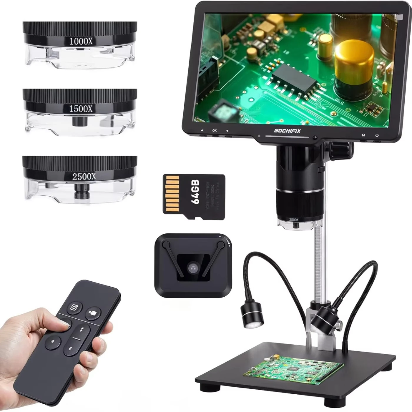 10.1'' 3 Lens 2K Digital Microscope 2X-2500X Soldering Microscope for Electronics Repair Coin Microscope with IPS Screen Microscope — view 9