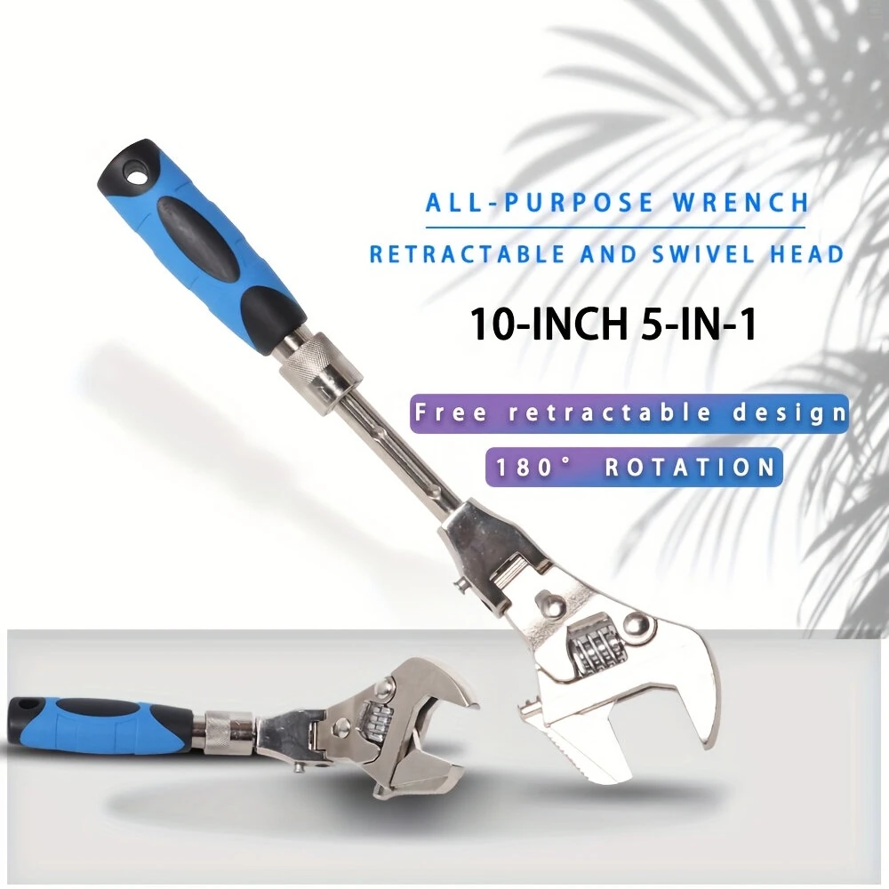 10-Inch 5-in-1 Adjustable Telescopic Ratchet Wrench Multi-Function Tool Retractable Handle 180° Swivel Head Stainless Steel — view 3