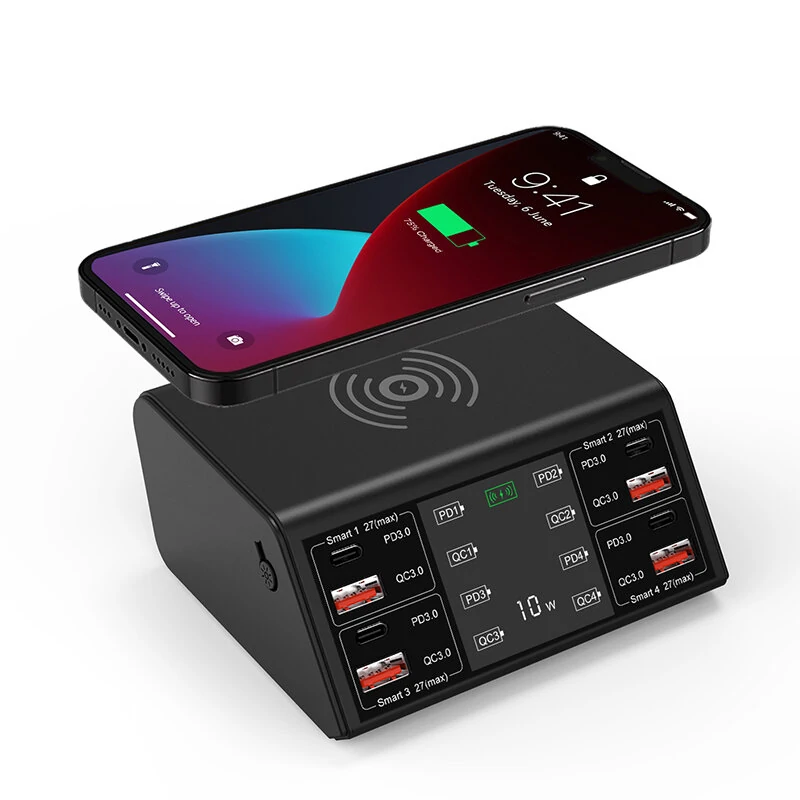 100W 8-Port USB PD Charger 4USB-A QC3.0+4USB-C PD3.0 Fast Charging Desktop Charging Station with 15W 10W 7.5W 5W Wireless Charger Pad EU Plug US Plug for iPhone 12 13 14 14Pro for Samsung Galaxy S23 for Oppo Reno9 for Redmi K60 — Pricio