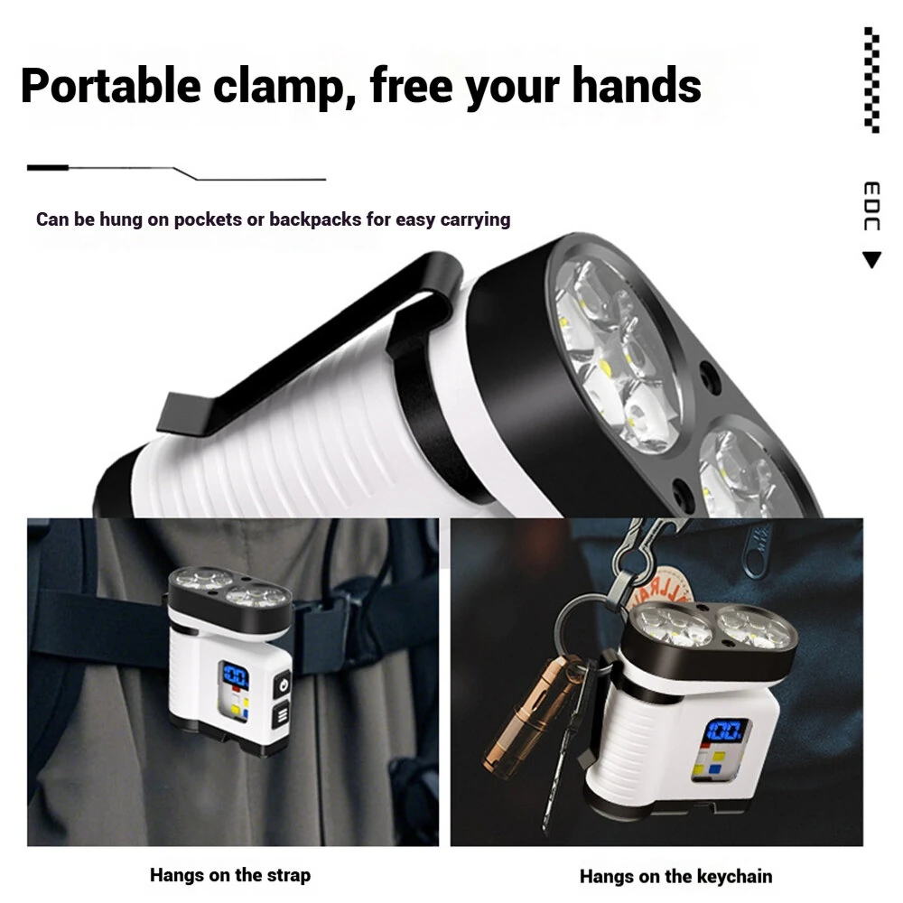 10*LED Strong Light Portable Keychain Flashlight Multi-Functional Magnetic Mini Clip Light USB Rechargeable Digital Display Waterproof Outdoor Red & Blue Warning Work Lamp Signal Camping EDC Tools — view 8