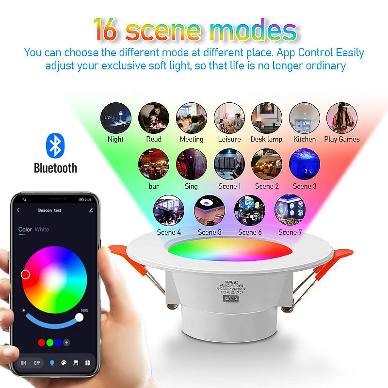 10W LED Smart Downlight RGB+CCT 16 Million Colors 2700K~6500K 800 Lumens Works With Alexa Voice Tuya Bluetooth APP Control — view 3