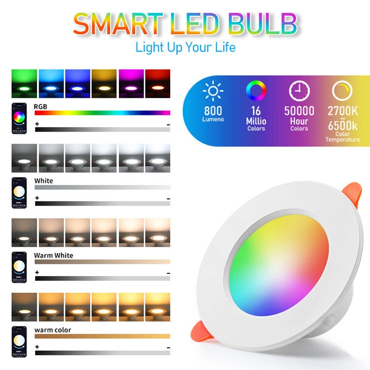 10W LED Smart Downlight RGB+CCT 16 Million Colors 2700K~6500K 800 Lumens Works With Alexa Voice Tuya Bluetooth APP Control — view 5