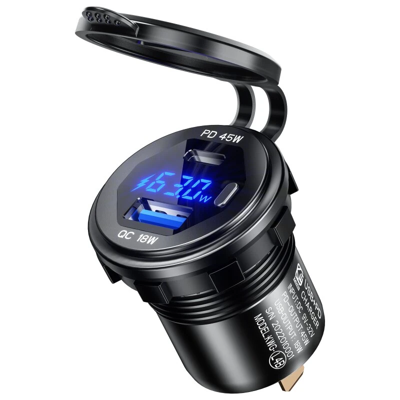 12-24V 63W metal Car Charger Socket 45W PD + 18W QC3.0 with LED Voltage/Power Display ON/OFF Switch for SUV Motorcycle Truck Boat ATV — Pricio