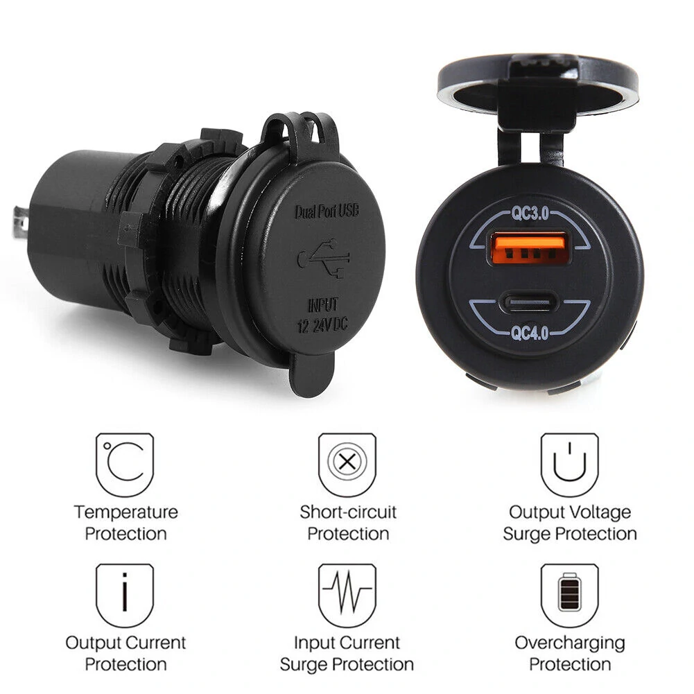 12-24V QC3.0 QC4.0 Dual USB Car Charger Socket Type C Quick Charge Waterproof for RV Yachts Motorcycles — view 10