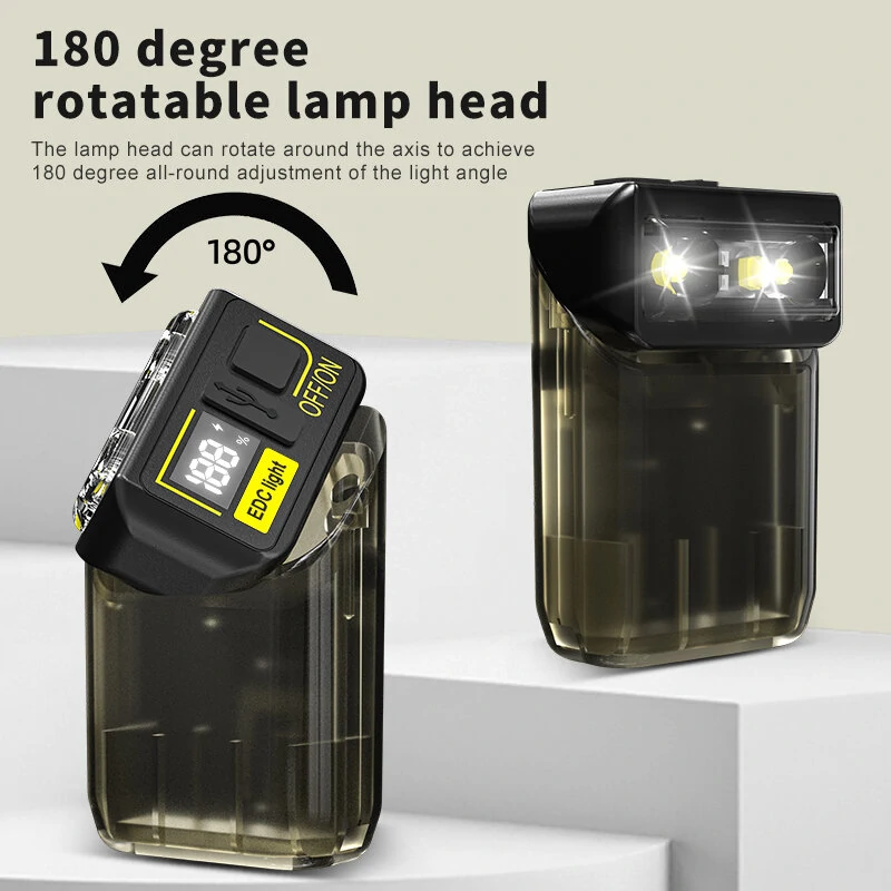 1200MAh EDC Keychain Type-C Fast Charging 81g Digital Power Display Rechargeable Cap Lights Clip On Hat Mini Torch 180° Rotation Flashlight Tactical LED Searchlight for Running,Camping,Cycling — view 7