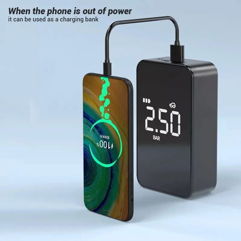 12V 140PSI 6000mAh Wireless Mini Car Tyre Electric Portable Air Pump Digital Tire Inflator / Pressure Measurement / Emergency Light / Phone power bank — view 5