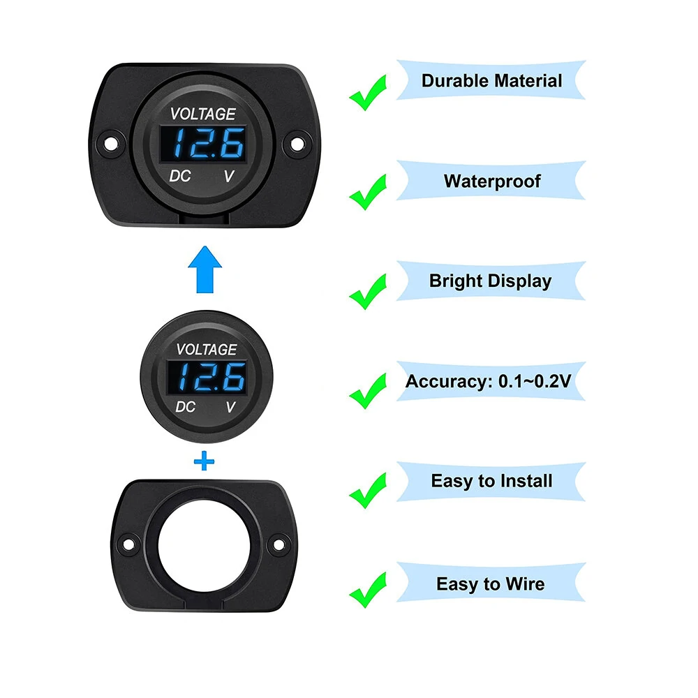 12V 24V Car Voltmeter LED Digital Display Panel Waterproof Waterproof Round Voltage Gauge with Terminals for Car Motorcycle Travel Trailer Truck Boat ATV UTV — view 3