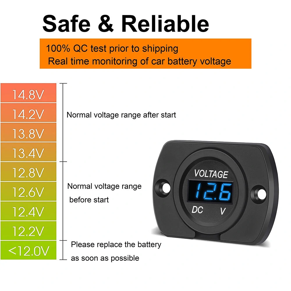 12V 24V Car Voltmeter LED Digital Display Panel Waterproof Waterproof Round Voltage Gauge with Terminals for Car Motorcycle Travel Trailer Truck Boat ATV UTV — view 4