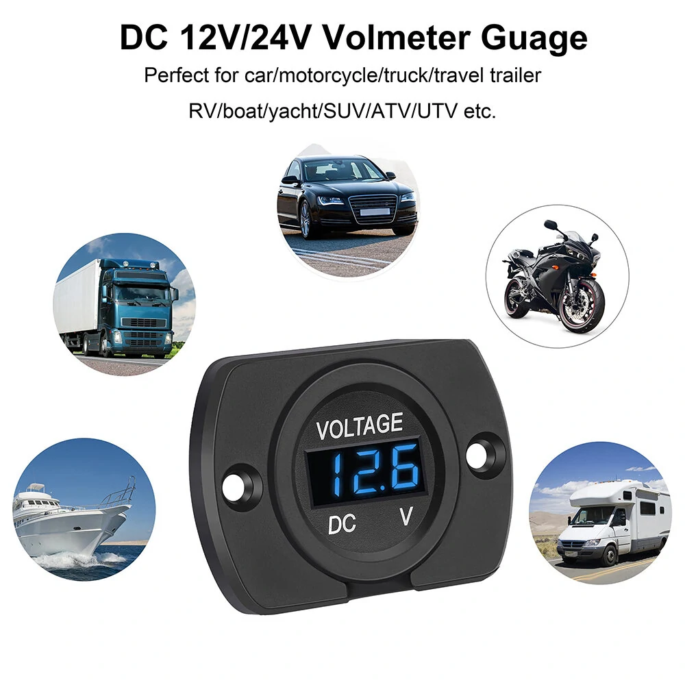 12V 24V Car Voltmeter LED Digital Display Panel Waterproof Waterproof Round Voltage Gauge with Terminals for Car Motorcycle Travel Trailer Truck Boat ATV UTV — view 5