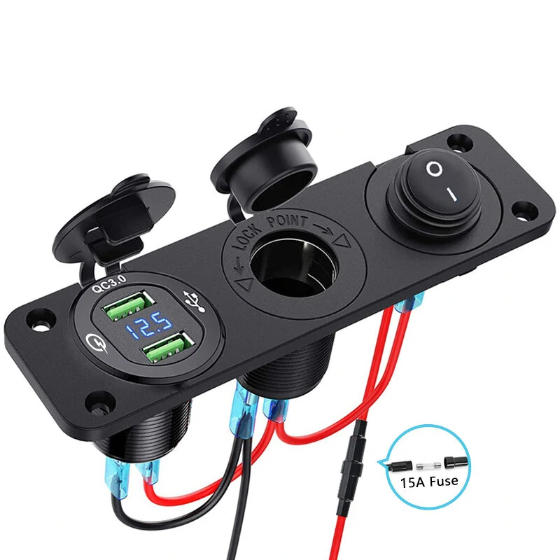 12V 3 in 1 Car Charger Socket Waterproof Dual USB QC3.0 Outlet Panel Toggle Switch Voltmeter for RV Marine Boat — view 3