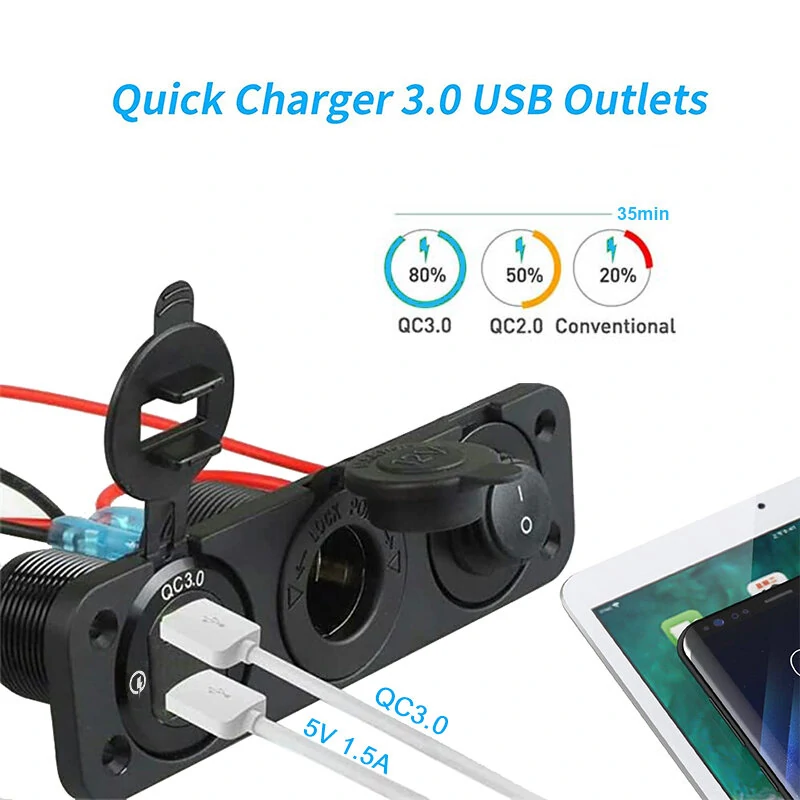 12V 3 in 1 Car Charger Socket Waterproof Dual USB QC3.0 Outlet Panel Toggle Switch Voltmeter for RV Marine Boat — view 4