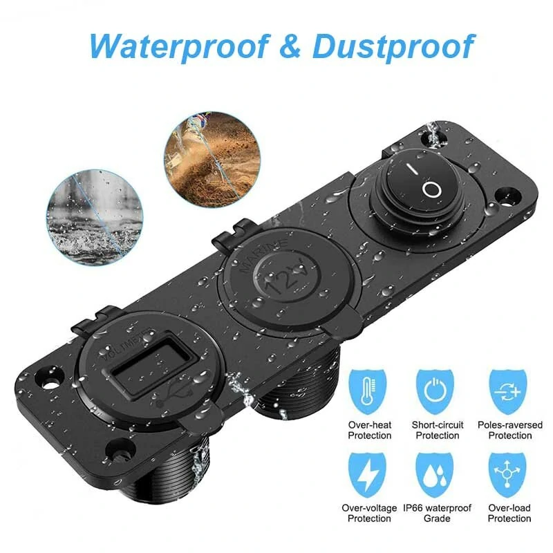 12V 3 in 1 Car Charger Socket Waterproof Dual USB QC3.0 Outlet Panel Toggle Switch Voltmeter for RV Marine Boat — view 5