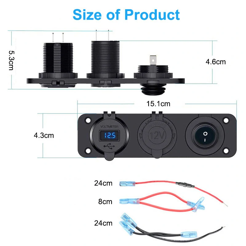 12V 3 in 1 Car Charger Socket Waterproof Dual USB QC3.0 Outlet Panel Toggle Switch Voltmeter for RV Marine Boat — view 7