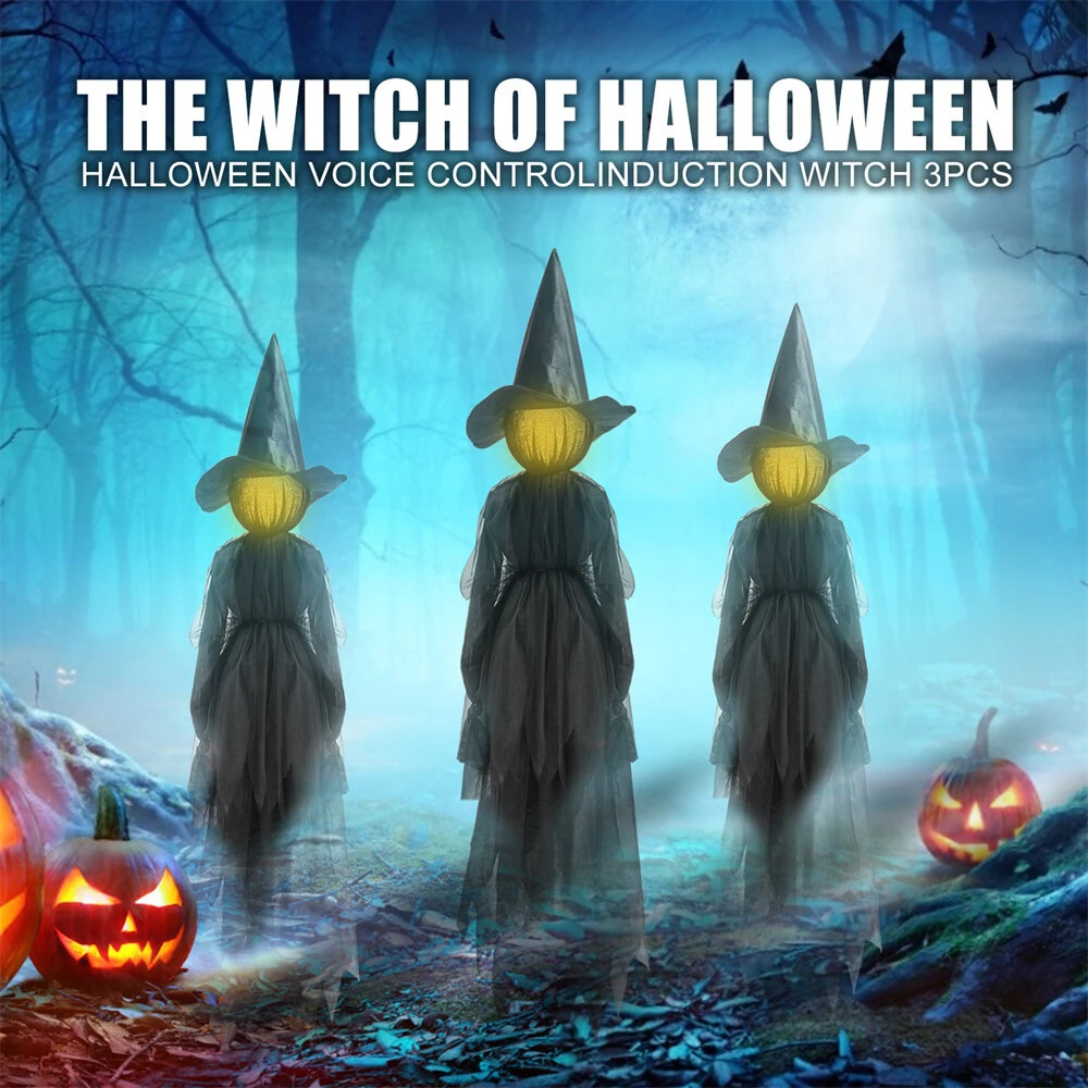 1/3pcs Faceless Voice-Activated Floating Witch Decor with 7-Color Glowing Head & Sound Effects Life-Size Scary Halloween Prop for Haunted House Party Decoration — view 3