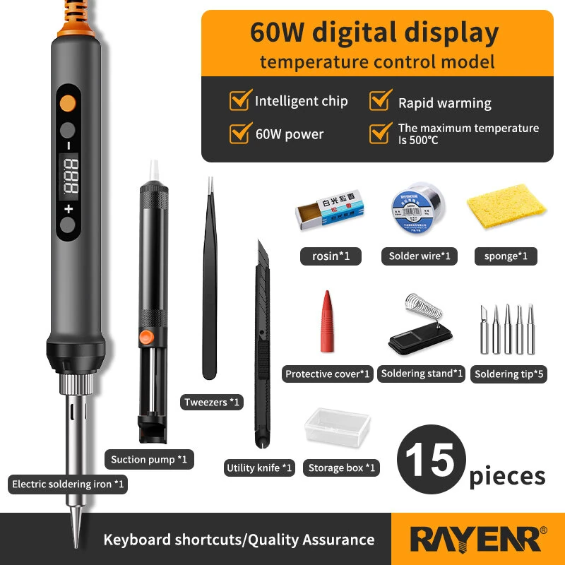 15 in 1 Rayenr Digital Soldering Iron 60W Temperature Control Ceramic Heating Rapid Heating 1.2m Cord Soldering Kit — view 3