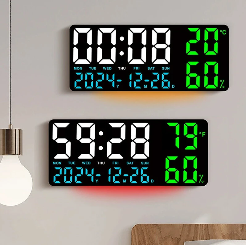 15 Inch Digital Wall Clock with Atmosphere Lights Remote Control Temp Humidity Display LED Table Clock Multifunctional Alarm Clock — Pricio