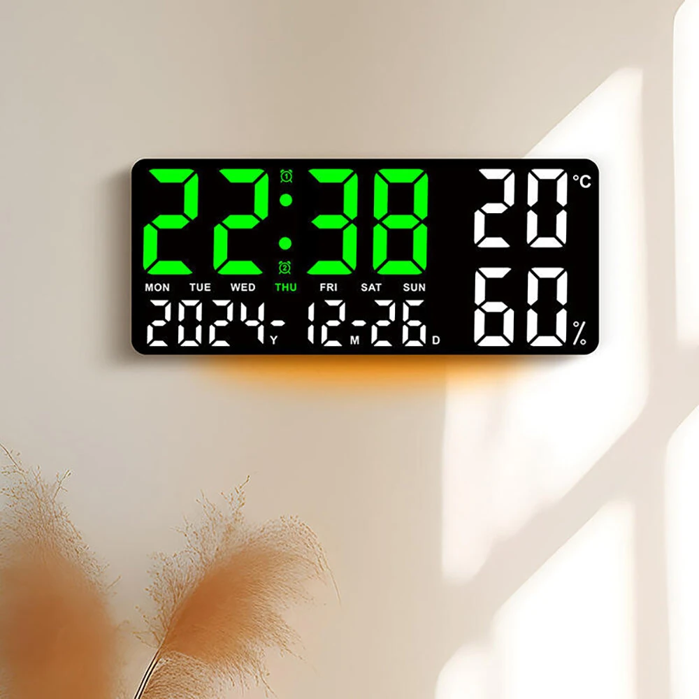 15 Inch Digital Wall Clock with Atmosphere Lights Remote Control Temp Humidity Display LED Table Clock Multifunctional Alarm Clock — view 3