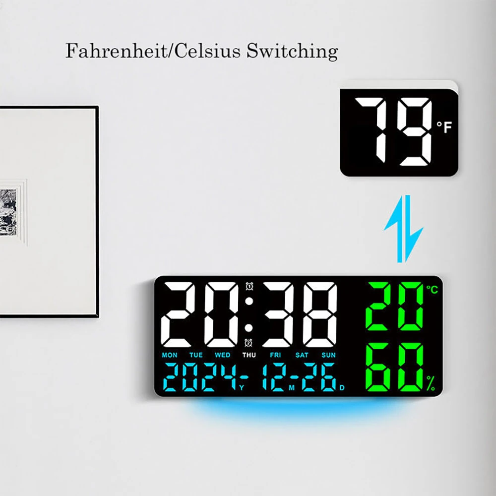 15 Inch Digital Wall Clock with Atmosphere Lights Remote Control Temp Humidity Display LED Table Clock Multifunctional Alarm Clock — view 5