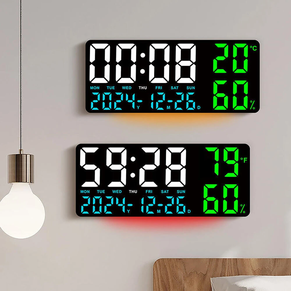 15 Inch Digital Wall Clock with Atmosphere Lights Remote Control Temp Humidity Display LED Table Clock Multifunctional Alarm Clock — view 8