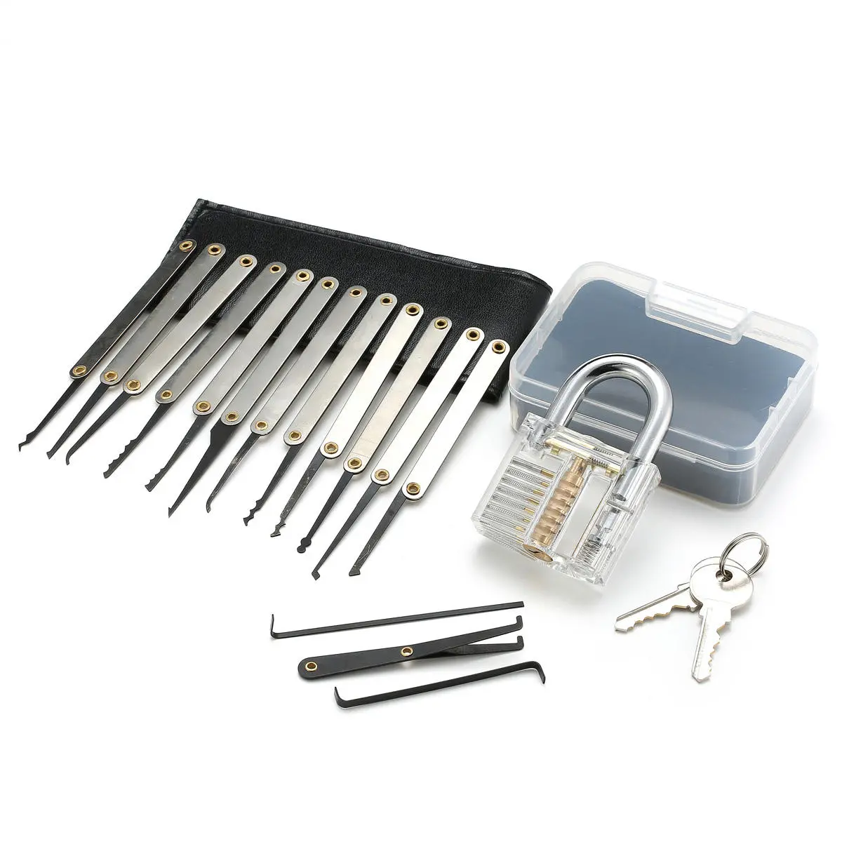 15Pcs Lock Picks Set Key Extractor Tool Unlocking Practice with Transparent Practice Padlock — Pricio