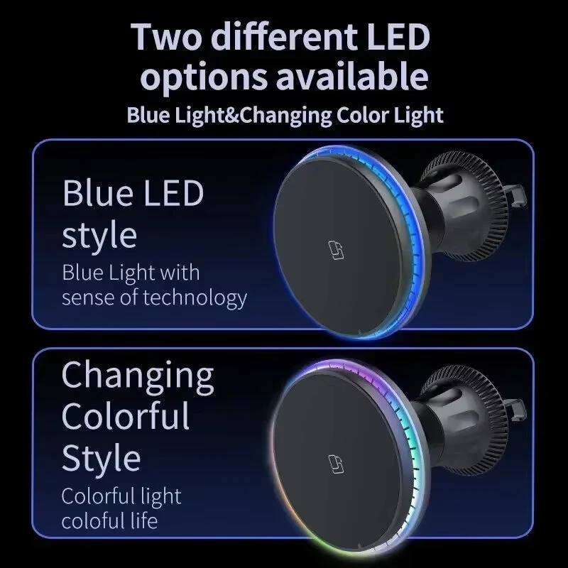 15W Magnetic Wireless Charger with Colorful Light/Monochrome 360° Rotary for iPhone 17 16 Pro 15 Pro Max 14 13 12 Macsafe Car Phone Holder Stand Mount Fast Charging Station — view 3
