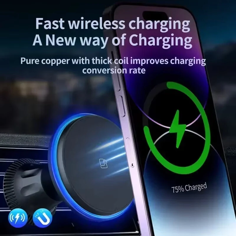 15W Magnetic Wireless Charger with Colorful Light/Monochrome 360° Rotary for iPhone 17 16 Pro 15 Pro Max 14 13 12 Macsafe Car Phone Holder Stand Mount Fast Charging Station — view 6