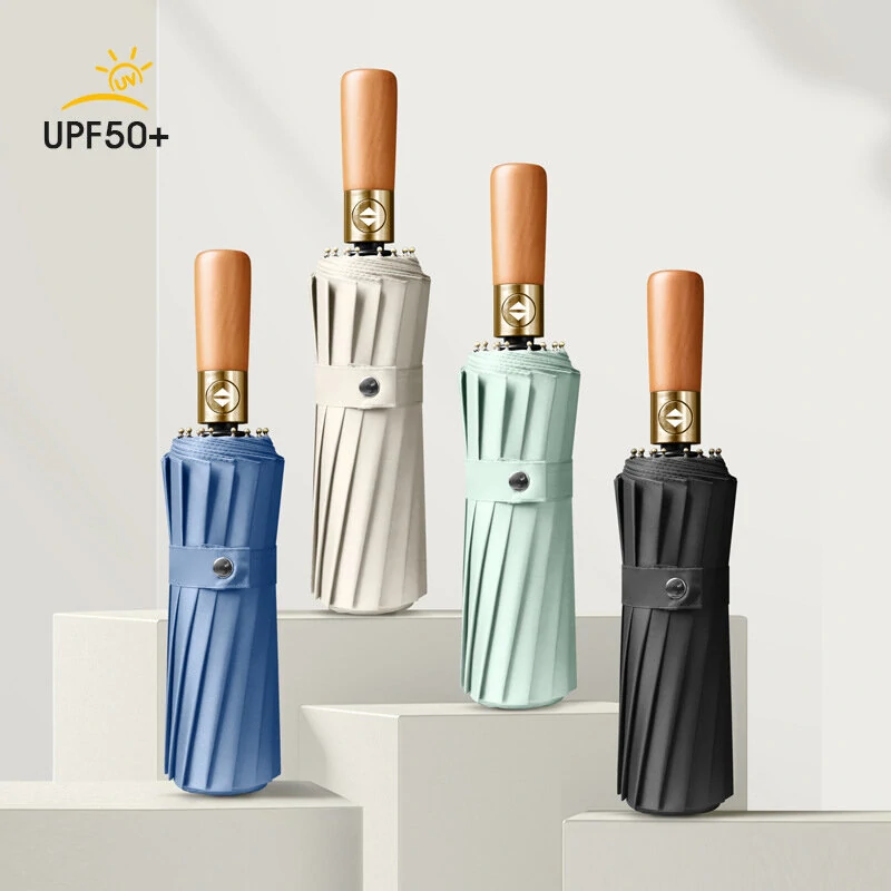 16-Bone Double Fully Automatic Rain Umbrella Keel Wooden Handle Sun Protection Umbrellas Large Folding Business Umbrella For Sunny Rainy Days — Pricio