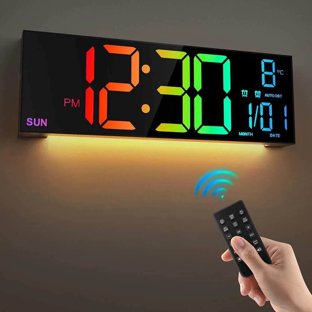 16 Inch Large LED Digital Wall Clock With Remote Control Dymamic RGB Display Automatic Brightness Date Temperature Night Light Gym Clock Suitable For Living Room Bedroom Office Wall Decoration — Pricio