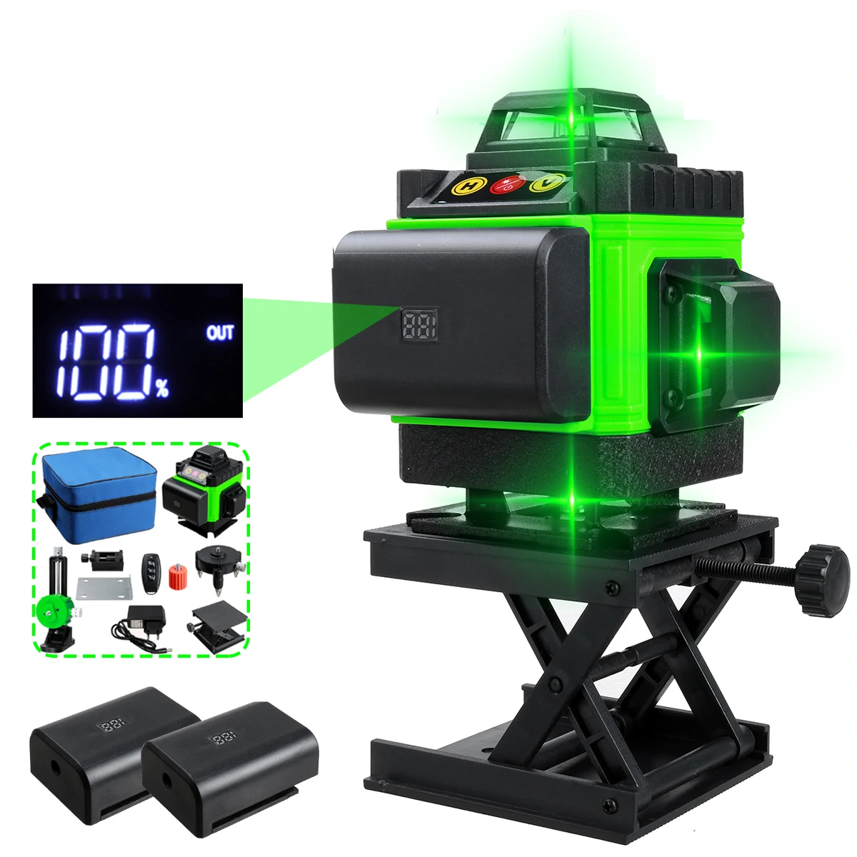 16 Lines 4D Laser Level, Green Laser Line, Self Leveling, Horizontal Lines &360 Degree Vertical Cross with 2xBattery for Outdoor — Pricio