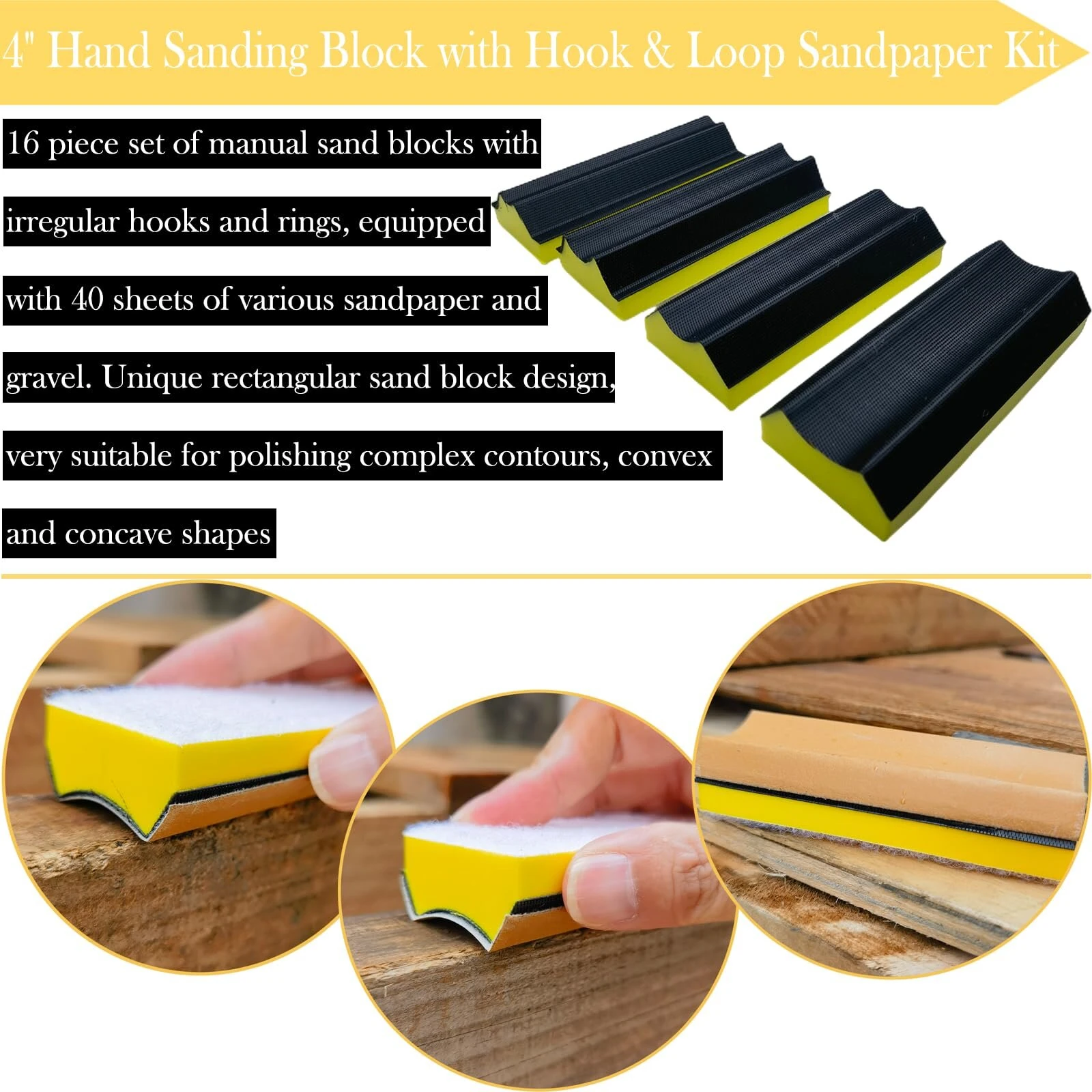 16 PCS Handheld Hand Sanding Blocks Set Hook and Loop Interchangeable Design for Diverse Applications Perfect for DIY Enthusiasts — view 5
