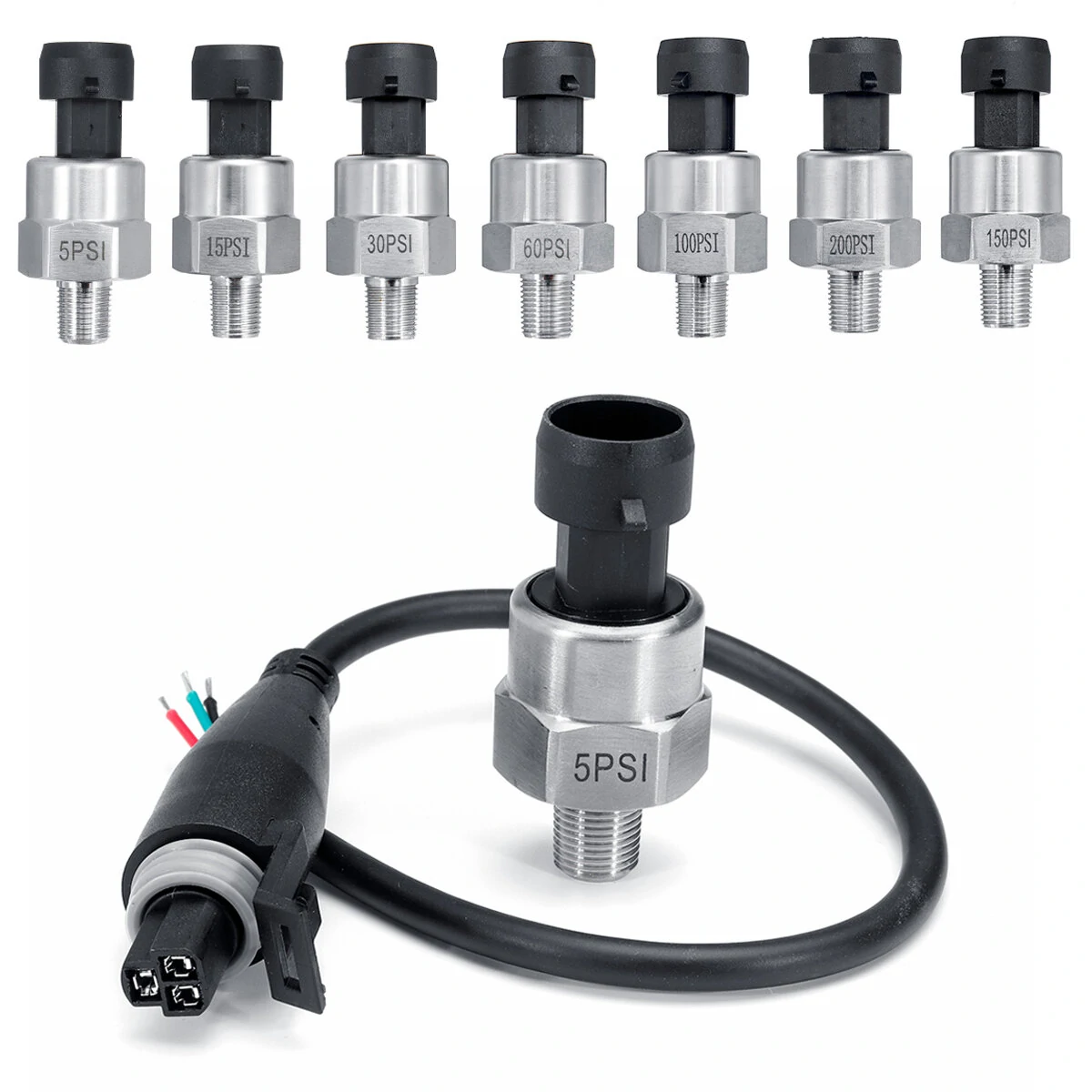 1/8NPT 5V 5/15/30/60/100/150/200 PSI Pressure Transducer Sender Sensor For Oil Fuel Air Gas Stainless Steel — view 2