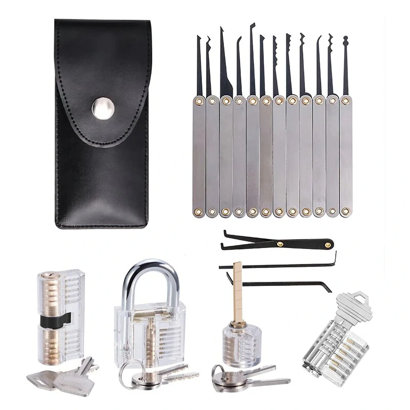 19PCS Locksmith Practice Lock Set with 4 Transparent Padlocks and 15 Precision Tableting Tools Spring Steel Durable with Storage Bag Easy Lock Opening Advance Lock Picking Tool Kit — view 2