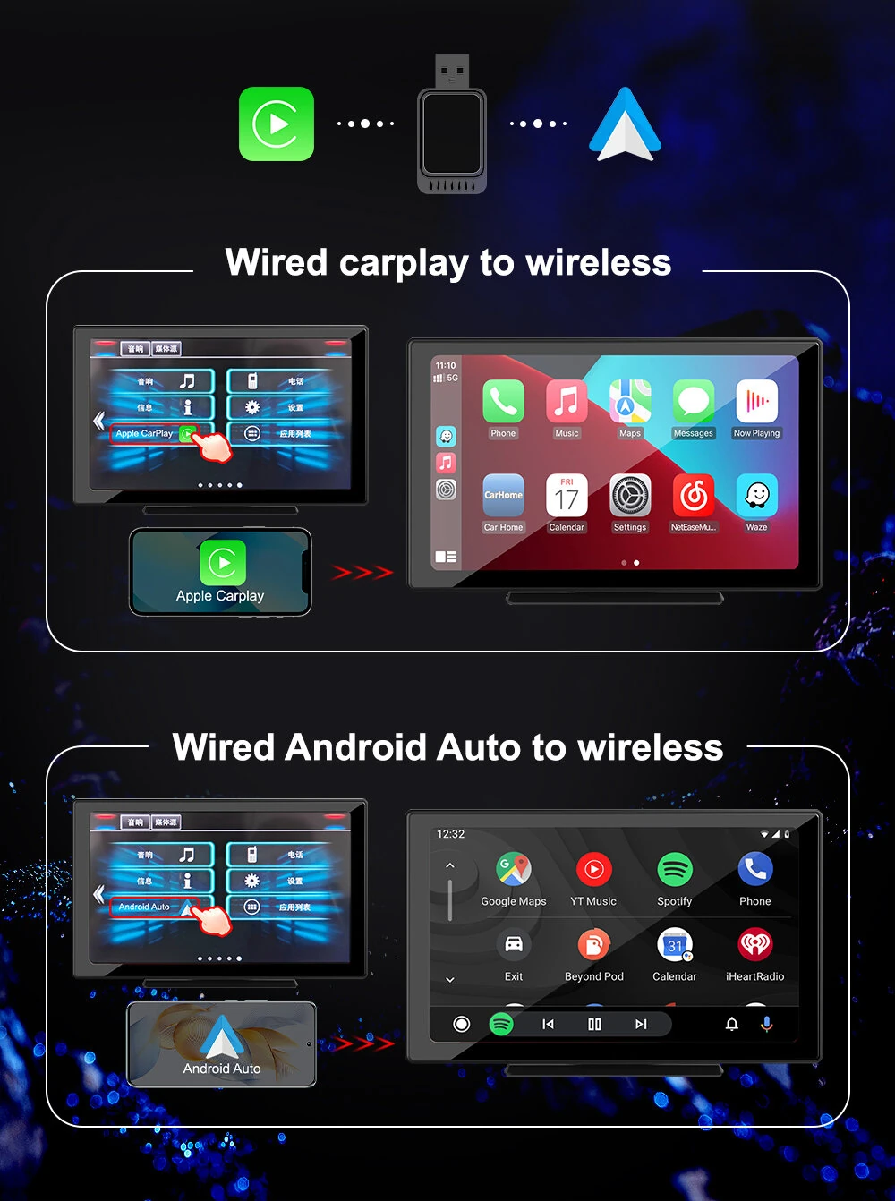 2-in-1 Wireless CarPlay Android Auto Box CP/AA Adapter 5G Wifi & BT 5.0 Support Mobile Phones Vehicles — view 3
