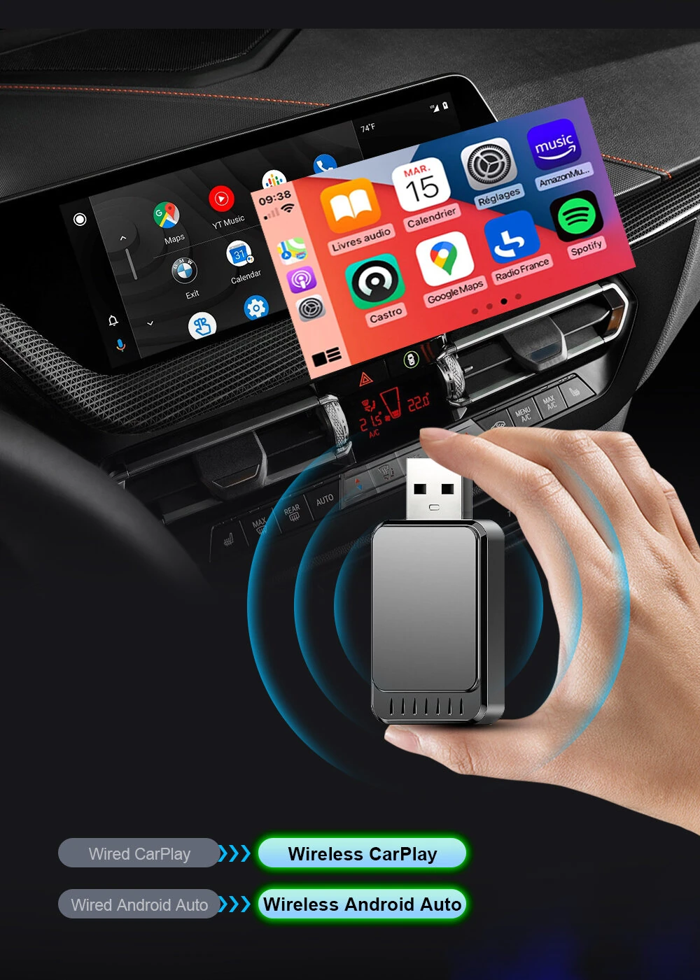 2-in-1 Wireless CarPlay Android Auto Box CP/AA Adapter 5G Wifi & BT 5.0 Support Mobile Phones Vehicles — view 4
