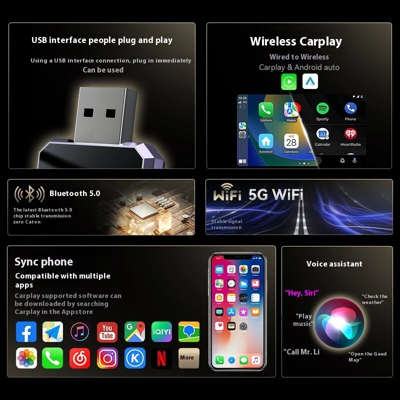 2 In 1 Wireless Carplay Car Interconnection Android Auto Carplay Module Plug and Play Supports Car's Built-In Microphone Buttons Touchscreen — view 5