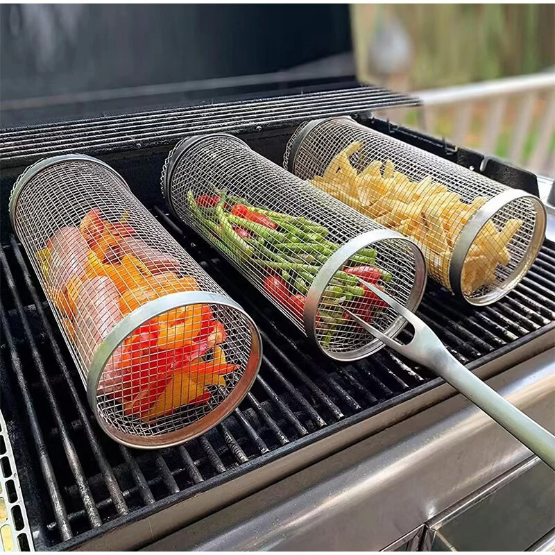 20cm Round Stainless Rolling Barbecue BBQ Grill Basket Net For Vegetables Meat Fish — Pricio
