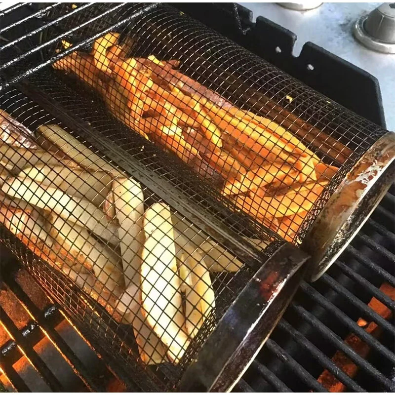 20cm Round Stainless Rolling Barbecue BBQ Grill Basket Net For Vegetables Meat Fish — view 4