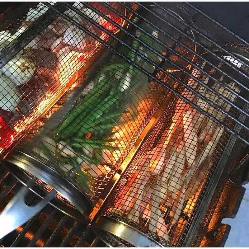 20cm Round Stainless Rolling Barbecue BBQ Grill Basket Net For Vegetables Meat Fish — view 5