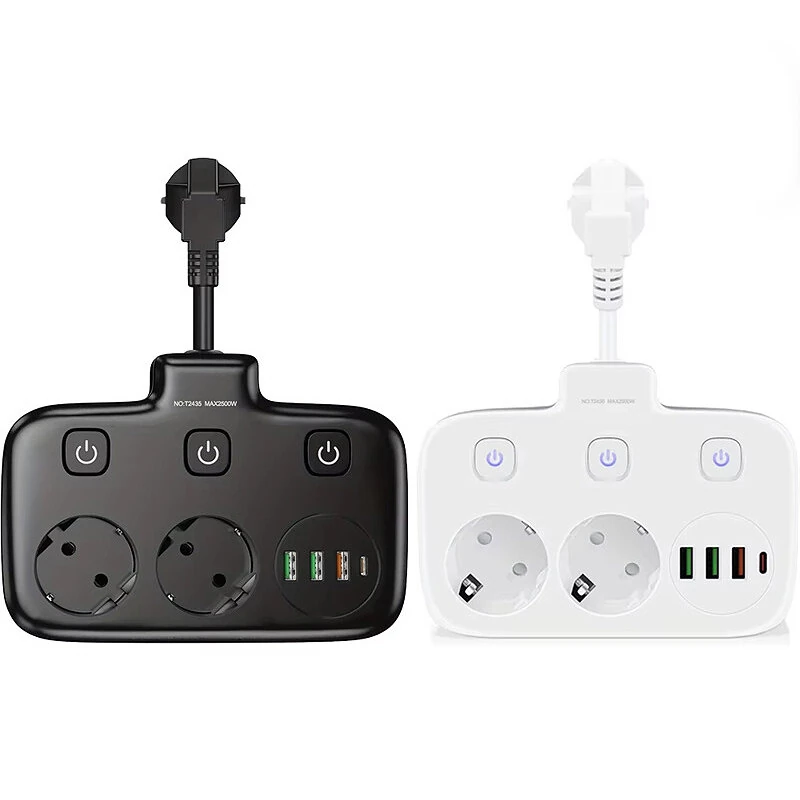 2500W 10A EU Plug Power Strip with 2AC+3USB-A+USB-C Fast Charger Multitap Electrical Wall Socket Extension Cord with On/Off Switch — Pricio