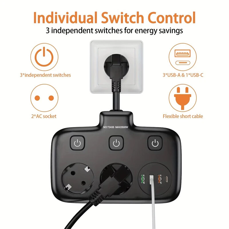 2500W 10A EU Plug Power Strip with 2AC+3USB-A+USB-C Fast Charger Multitap Electrical Wall Socket Extension Cord with On/Off Switch — view 5