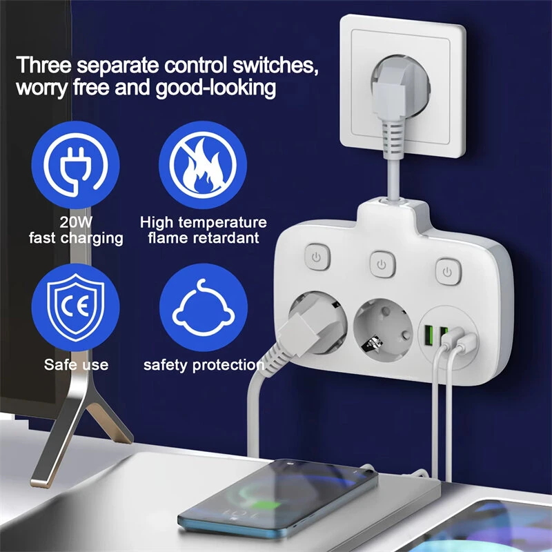 2500W 10A EU Plug Power Strip with 2AC+3USB-A+USB-C Fast Charger Multitap Electrical Wall Socket Extension Cord with On/Off Switch — view 6