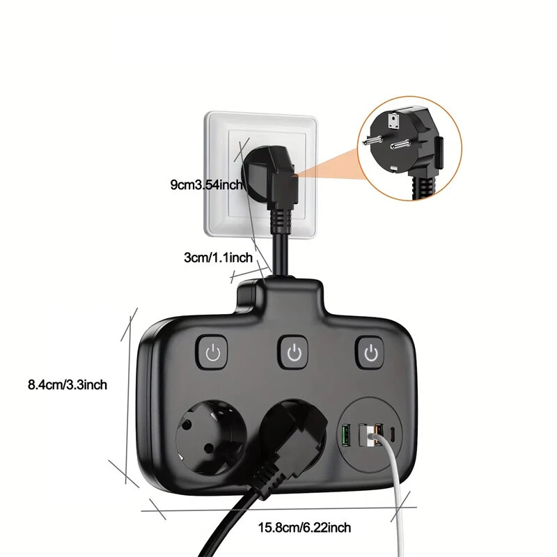 2500W 10A EU Plug Power Strip with 2AC+3USB-A+USB-C Fast Charger Multitap Electrical Wall Socket Extension Cord with On/Off Switch — view 7