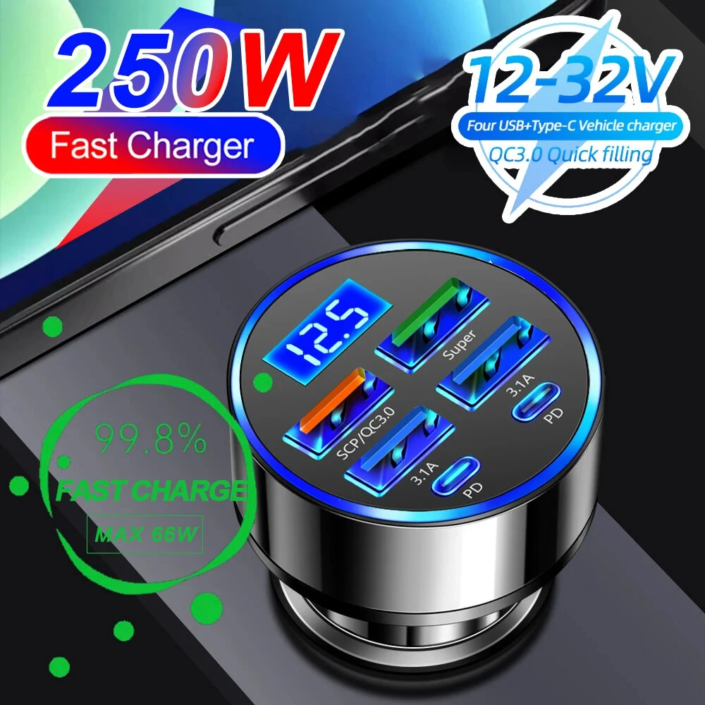 250W PD Car Charger QC3.0 Fast Charge with Digital Display Plug Car Charger Socket Flash Charge Digital Display Car Charger — Pricio