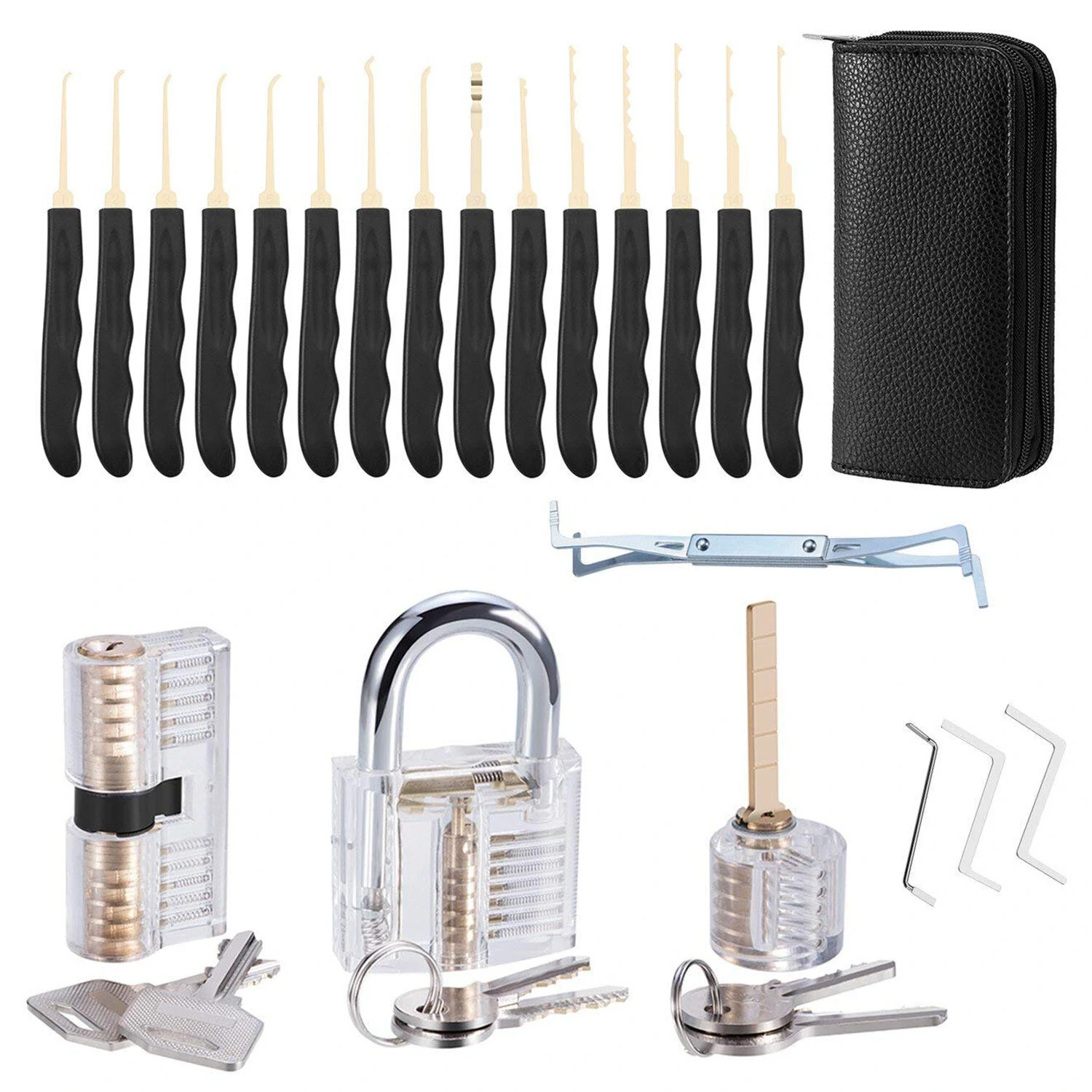 26PCS Locksmith Training Set Spring Steel with 3 Transparent Padlocks For Easy Visual Learning Portable Design Includes Automatic Unlock Gun Diverse Lock Picks Perfect for Beginners — view 2