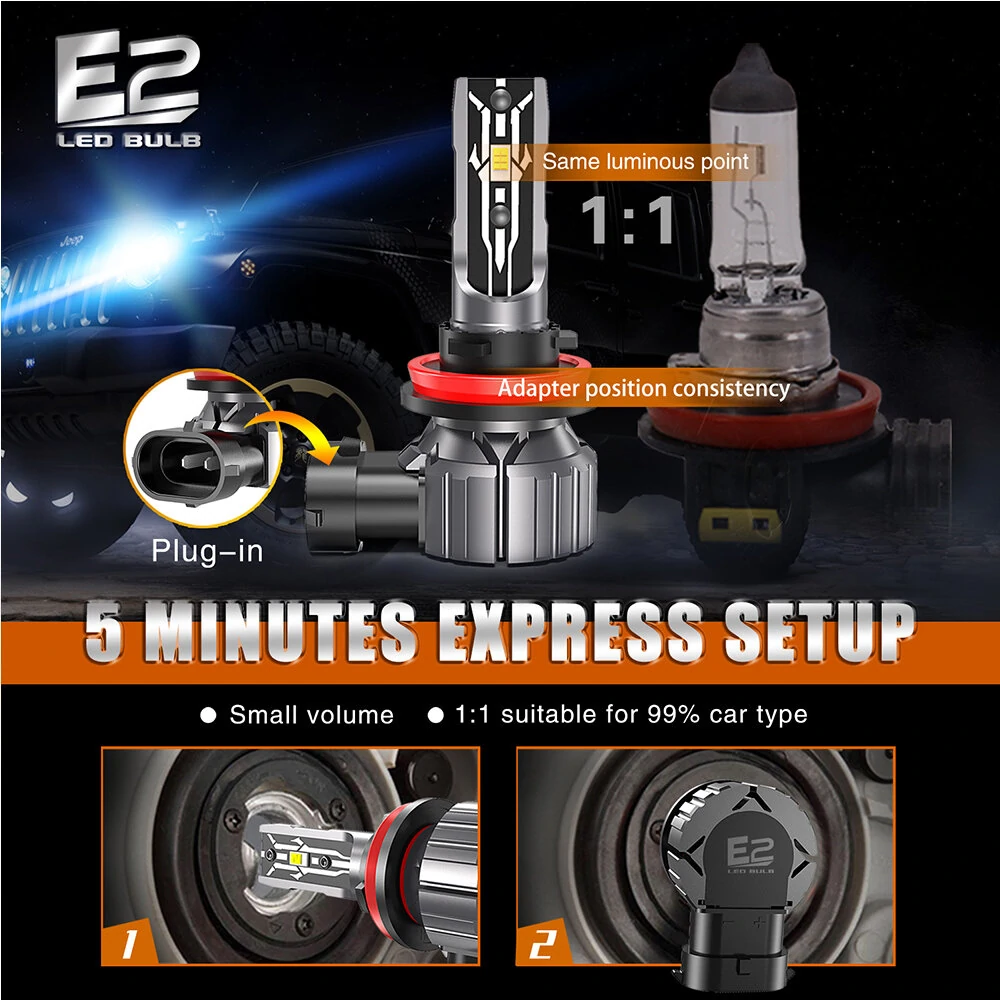 2PCS 30000LM E2 Canbus LED Headlight H4 H7 H11 Car Front LED Fog Lamp Bulbs DC9-18V Hi-Low Beam — view 5