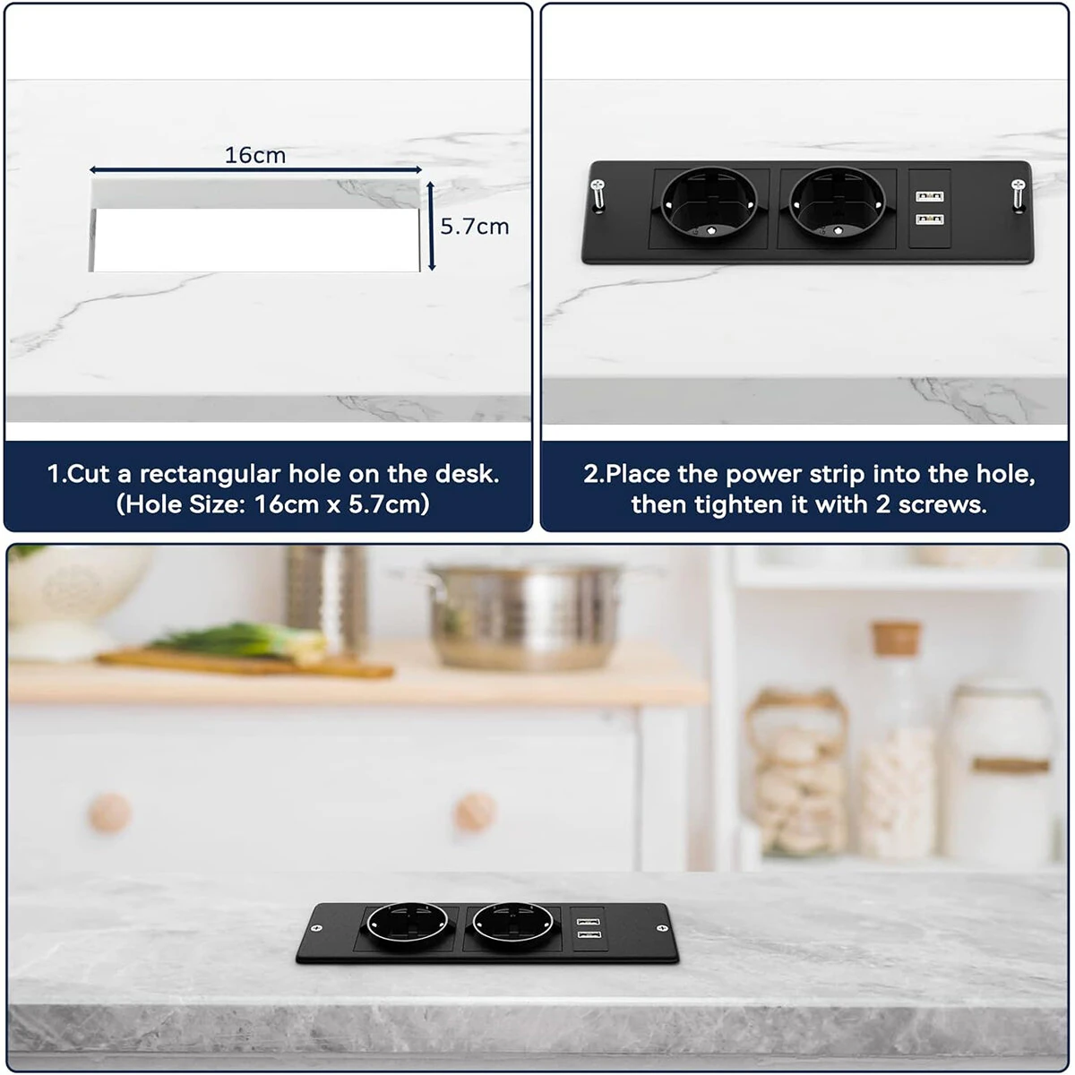 2Pcs Table Socket with 2 USB 2 Sockets Built-in Socket 2-Way Installation Power Strip with 2 Screws for Kitchen Furniture or Worktops Recessed Socket 1.8 Cable16 A/3500 W — view 4