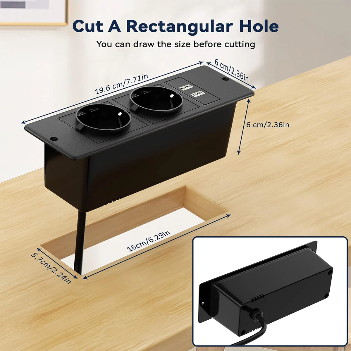 2Pcs Table Socket with 2 USB 2 Sockets Built-in Socket 2-Way Installation Power Strip with 2 Screws for Kitchen Furniture or Worktops Recessed Socket 1.8 Cable16 A/3500 W — view 5